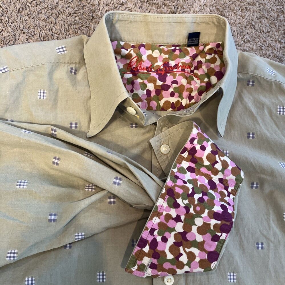 Robert Graham Mens Large Classic Fit Green Floral Flip Cuff Button Shirt